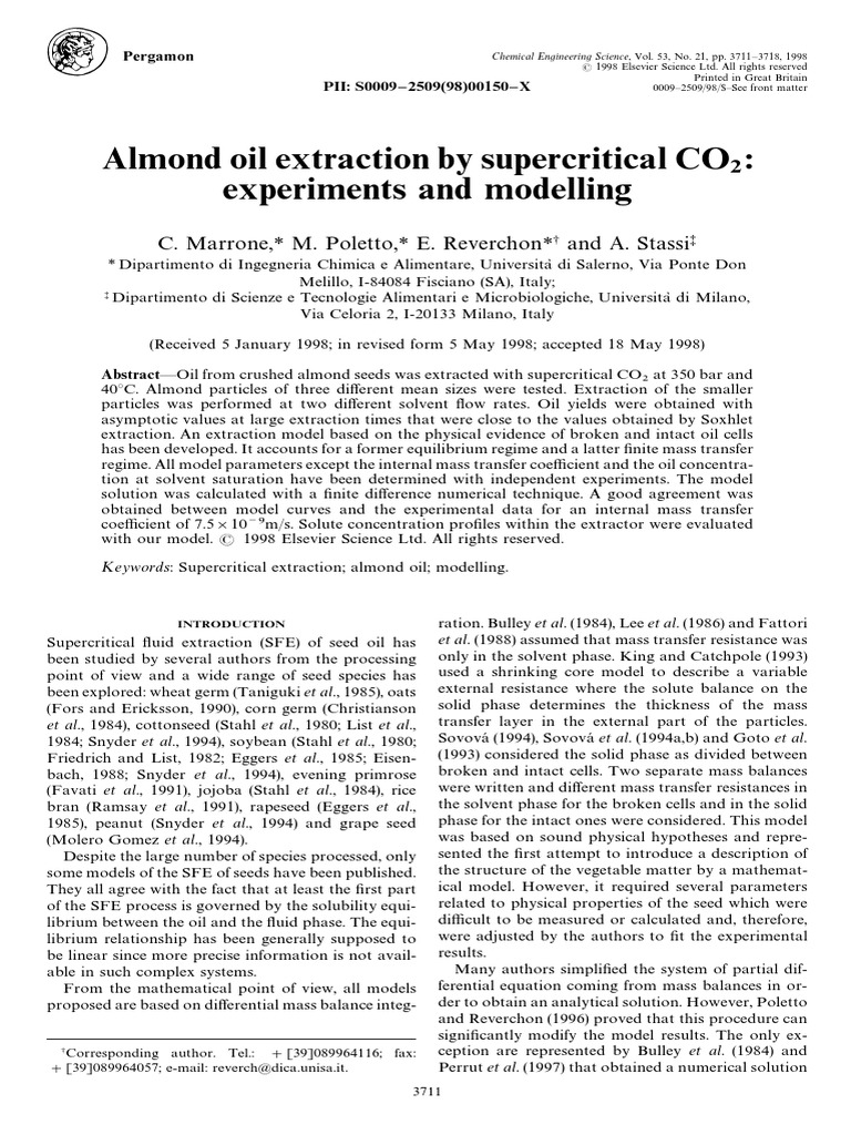 Almond Oil Extraction by Supercritical CO Experiments and Modelling