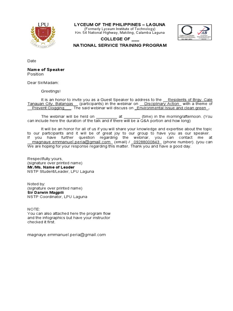 Sample Letter For Speaker 1 PDF