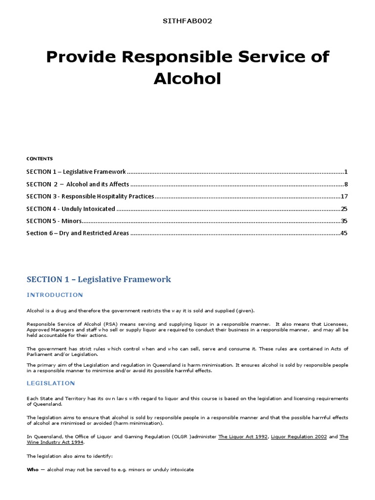 Provide Responsible Service of Alcohol SECTION 1 Legislative