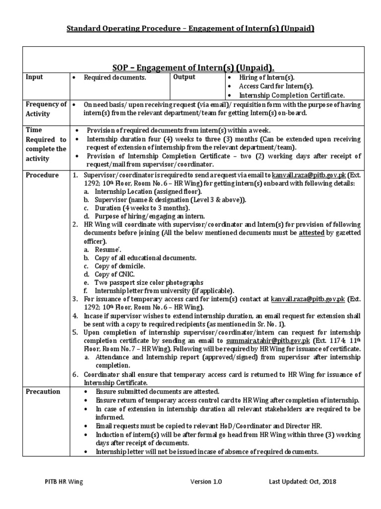 Standard Operating Procedure - Engagement of Intern(s) (Unpaid ...