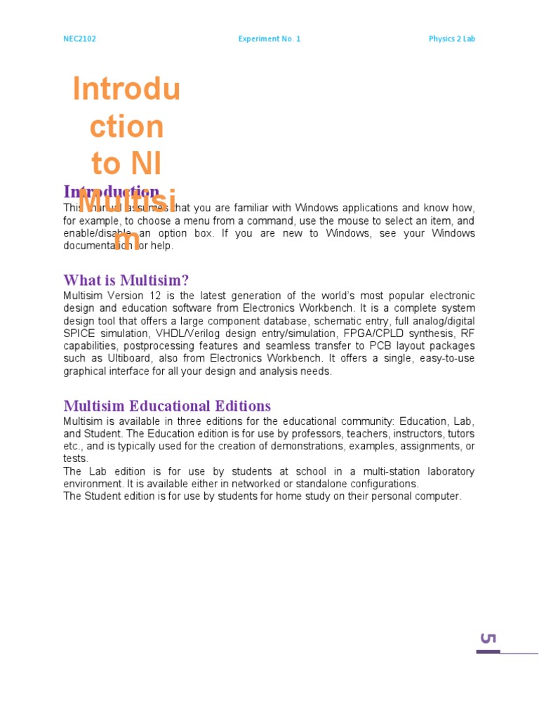 Multisim Lab Manual: Experiment 1 Guide | PDF | Electrical Network ...