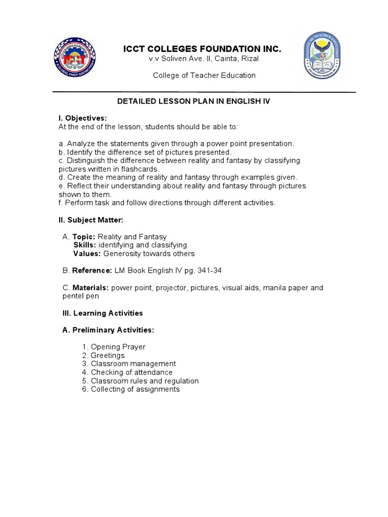 ICCT Colleges: Lesson Plan on Reality vs Fantasy | PDF | Reality | Idea