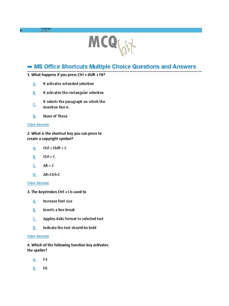 MS Office Shortcuts Multiple Choice Questions and Answers 1. What