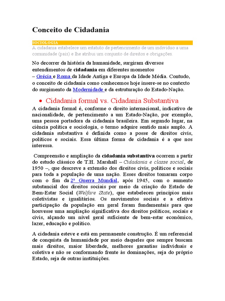 Conceito de Cidadania | PDF | Cidadania | Sociologia