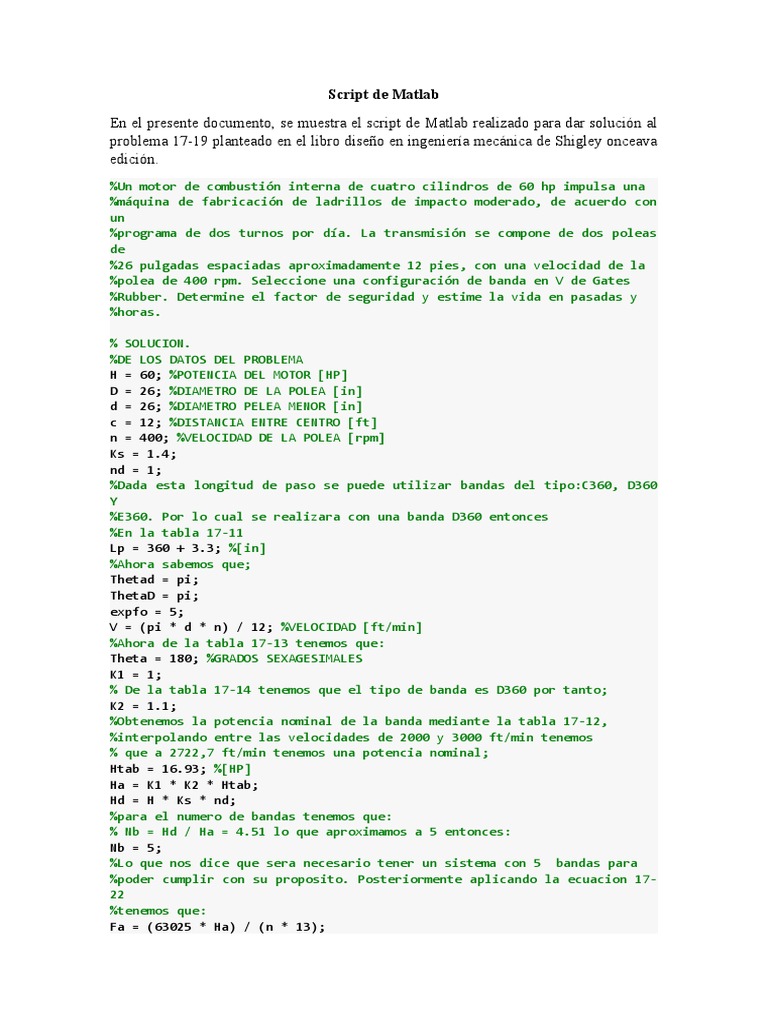 Script de Matlab | PDF | Caballo de fuerza | Ingeniería mecánica