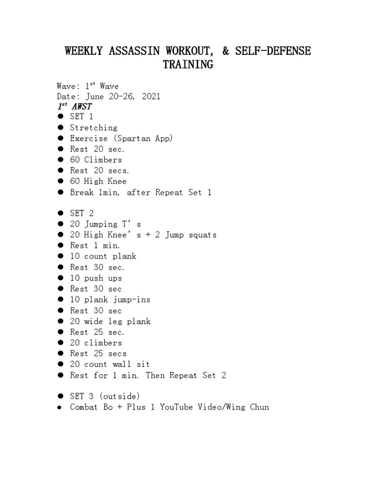 Weekly Assassin Workout Seld Defense Training Pdf