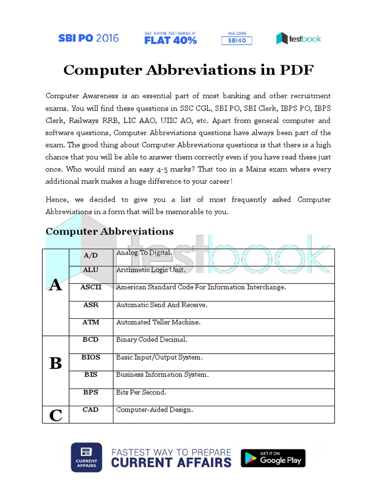 Essential Computer Abbreviations PDF | PDF | Read Only Memory ...