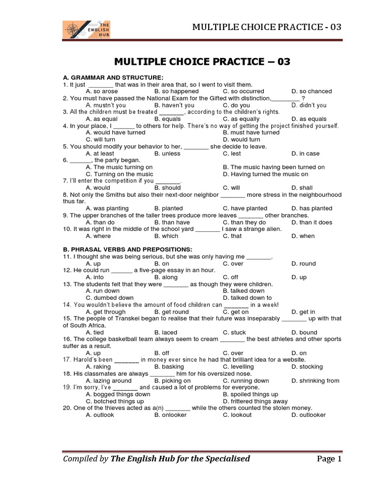 Grammar and Vocabulary MCQ Practice | PDF | Grammar | Linguistics
