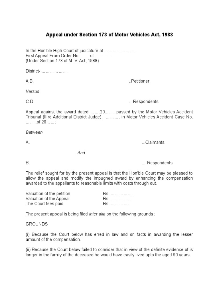 Appeal Under Section 173 MV Act, 1988 | PDF
