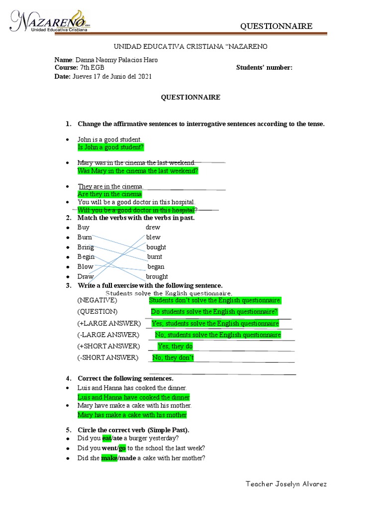 English Questionnaire for Students | PDF | Pronoun | Sentence (Linguistics)