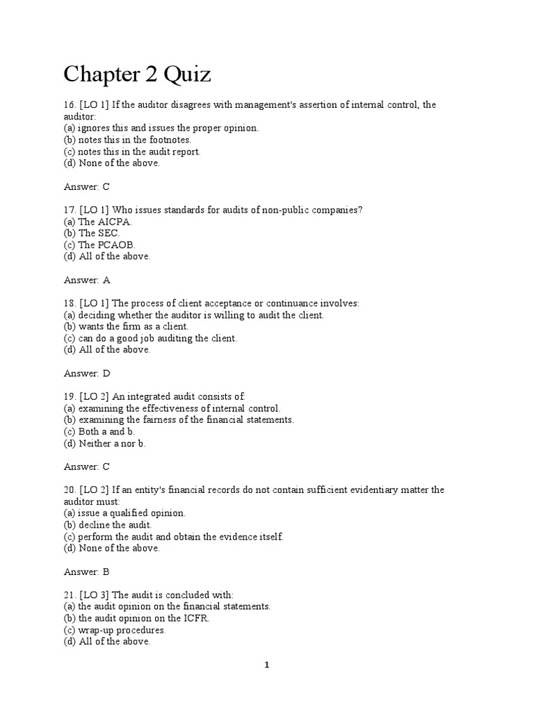 Chapter 2 Audit Quiz Answers | PDF | Internal Control | Audit