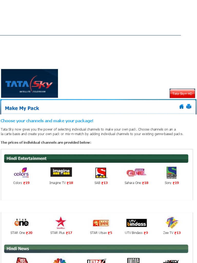 Dth India Tata Sky Dth Channel Packages Pdf Television Network Mass Media