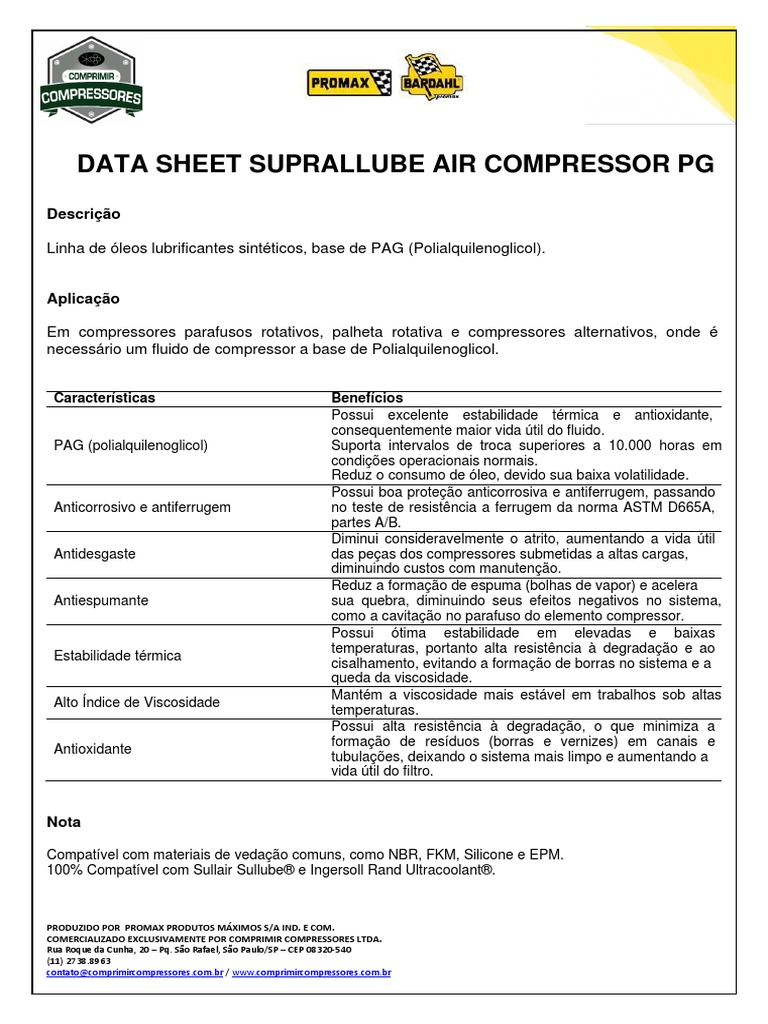 Datasheet Suprallube Air Compressor PG | PDF | Óleo de motor | Materiais