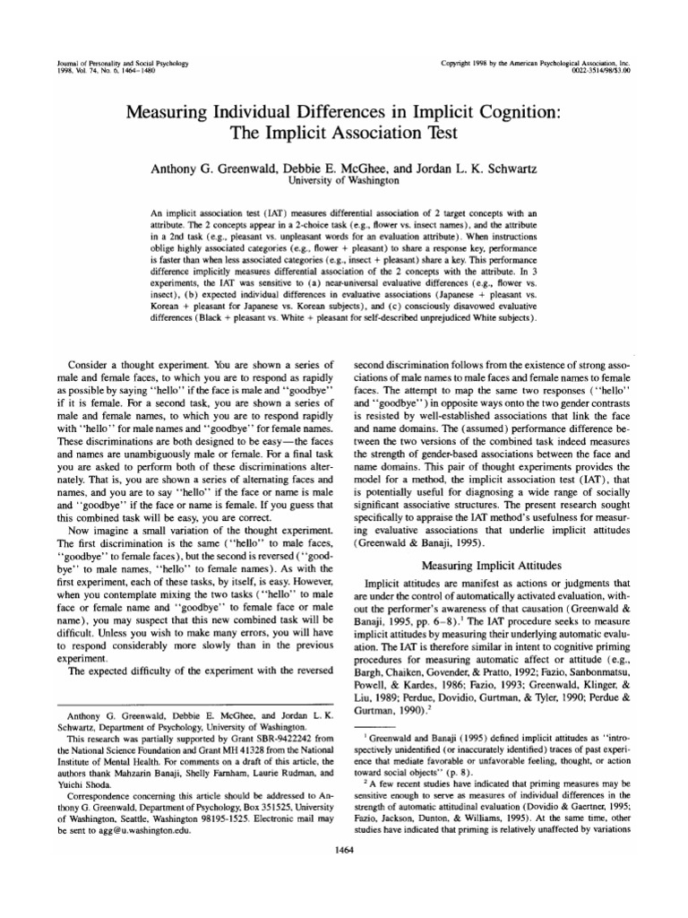 Measuring Individual Differences in Implicit Cognition: The Implicit ...