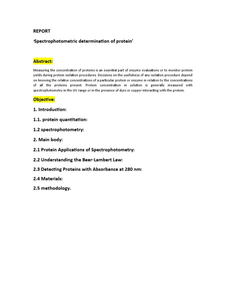 Spectrophotometric Determination of Protein' Report | PDF ...