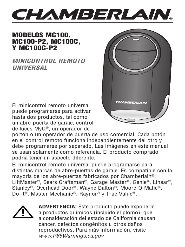 Chamberlain Control Remoto Mc100 PDF Control remoto