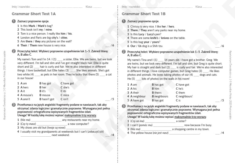 Repetytorium 8 Klasisty Angielski Macmillan Unit - 1 - Short - Test - Grammar - A&B - Repetytorium 8klasisty | PDF