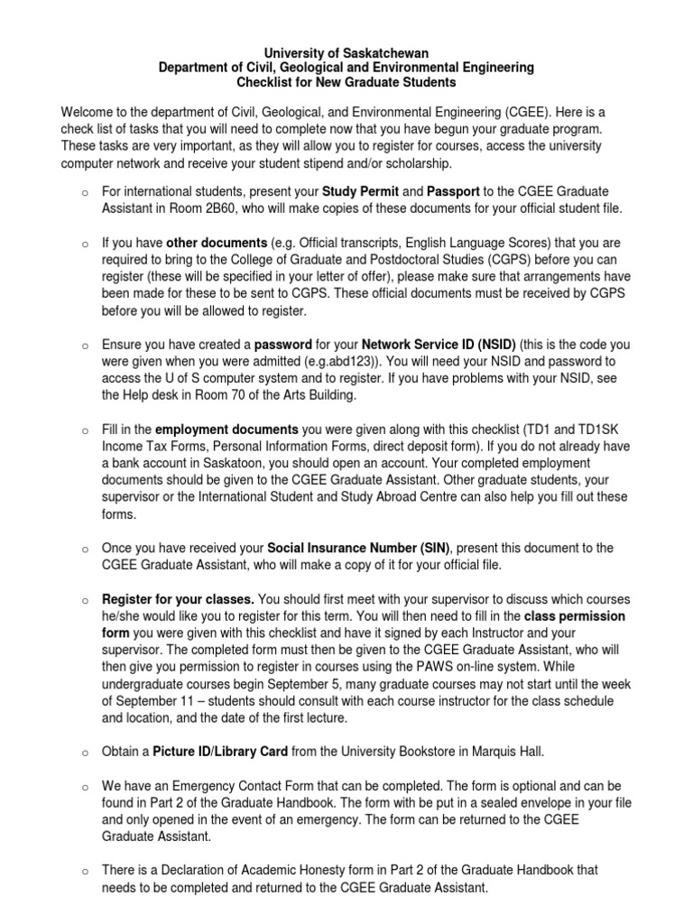 New Grad Student Checklist | PDF | Postgraduate Education