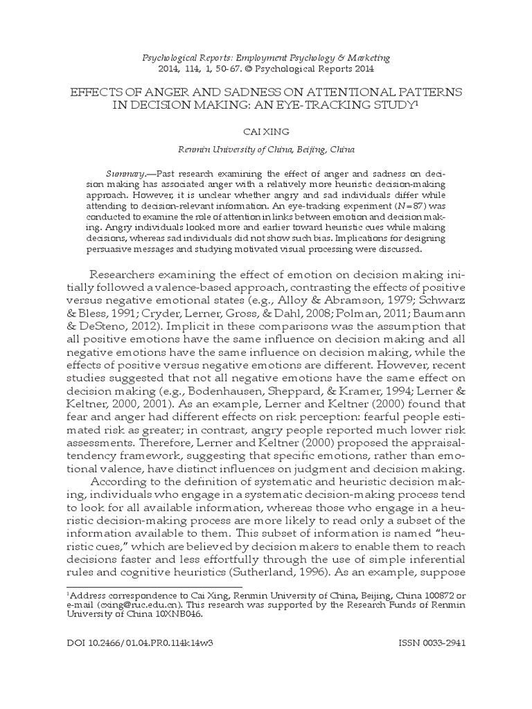 Effects of Anger and Sadness On Attentional Patterns | PDF | Decision ...