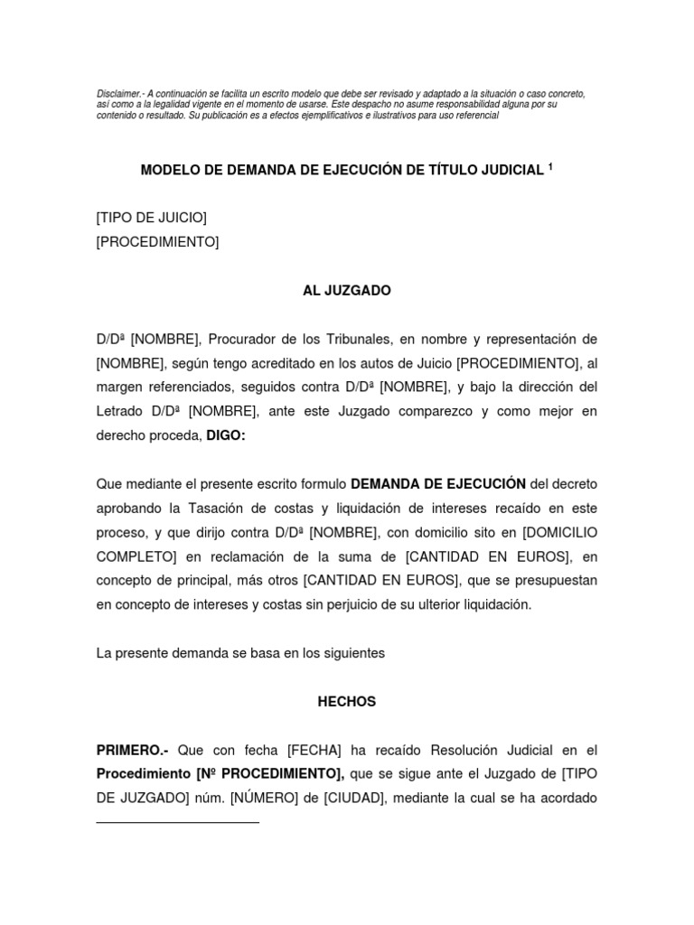 Modelo Demanda Ejecucion Titulo Judicial | PDF | Demanda judicial |  Sentencia (ley)