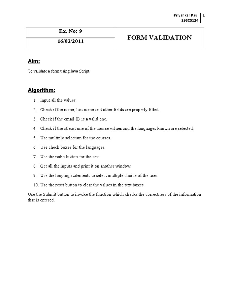 Form Validation: Ex. No: 9 16/03/2011 | PDF | Java Script | World Wide ...