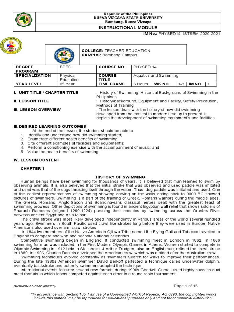Aquatics Module 1 PDF Swimming Swimming Pool