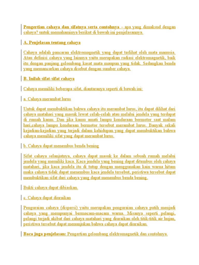 Pengertian Cahaya Dan Sifatnya Serta Contohnya Pdf