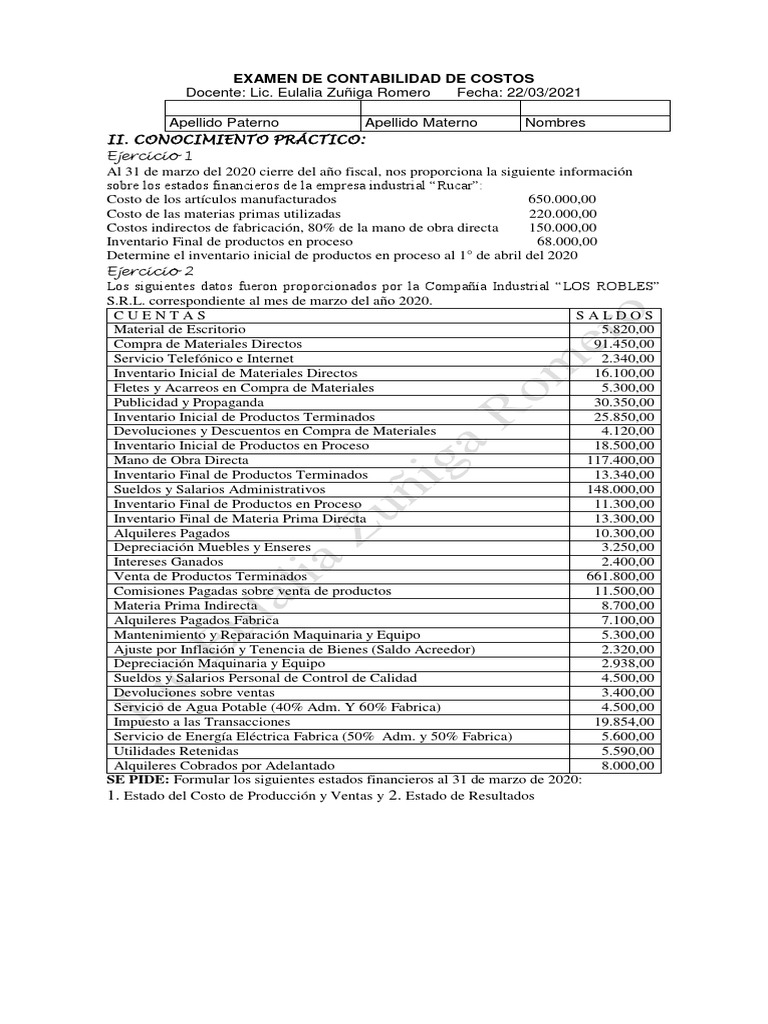 Examen Practico de Costos | PDF | Costo | Inventario