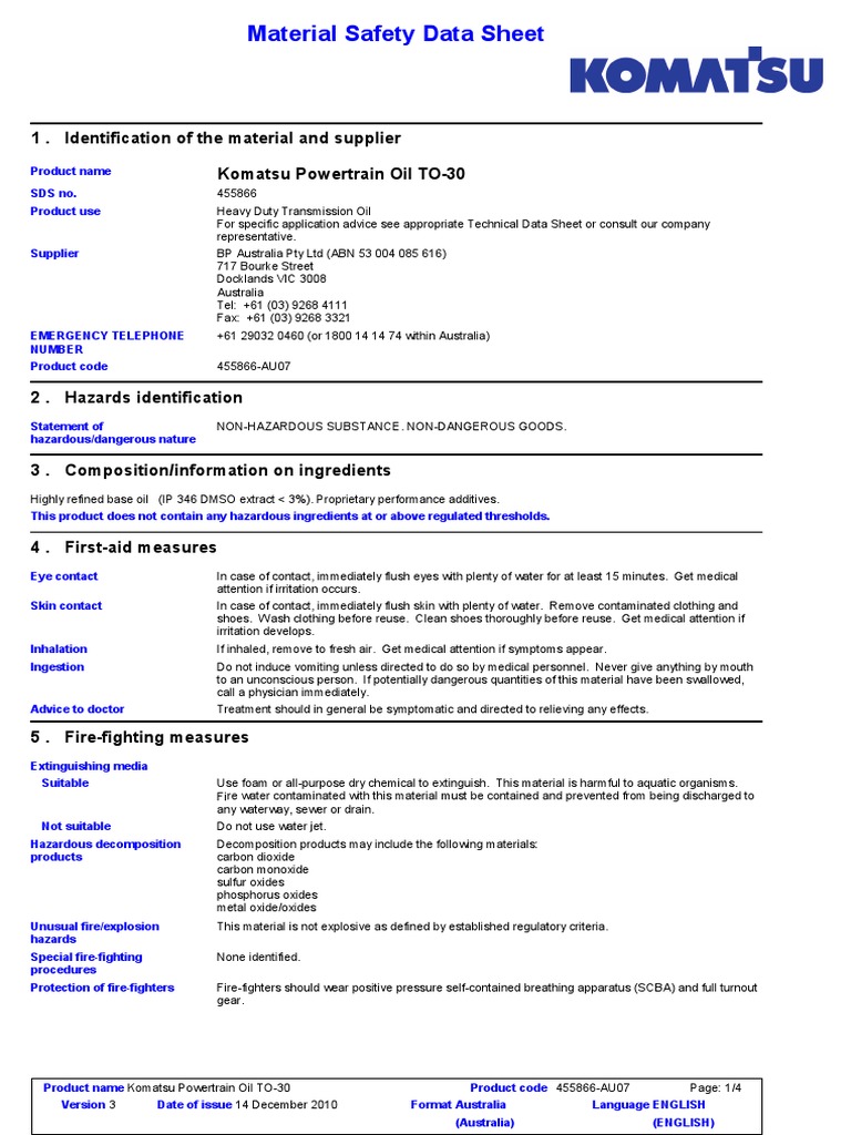 Transmission Oil TO30 MSDS PDF Dangerous Goods Personal