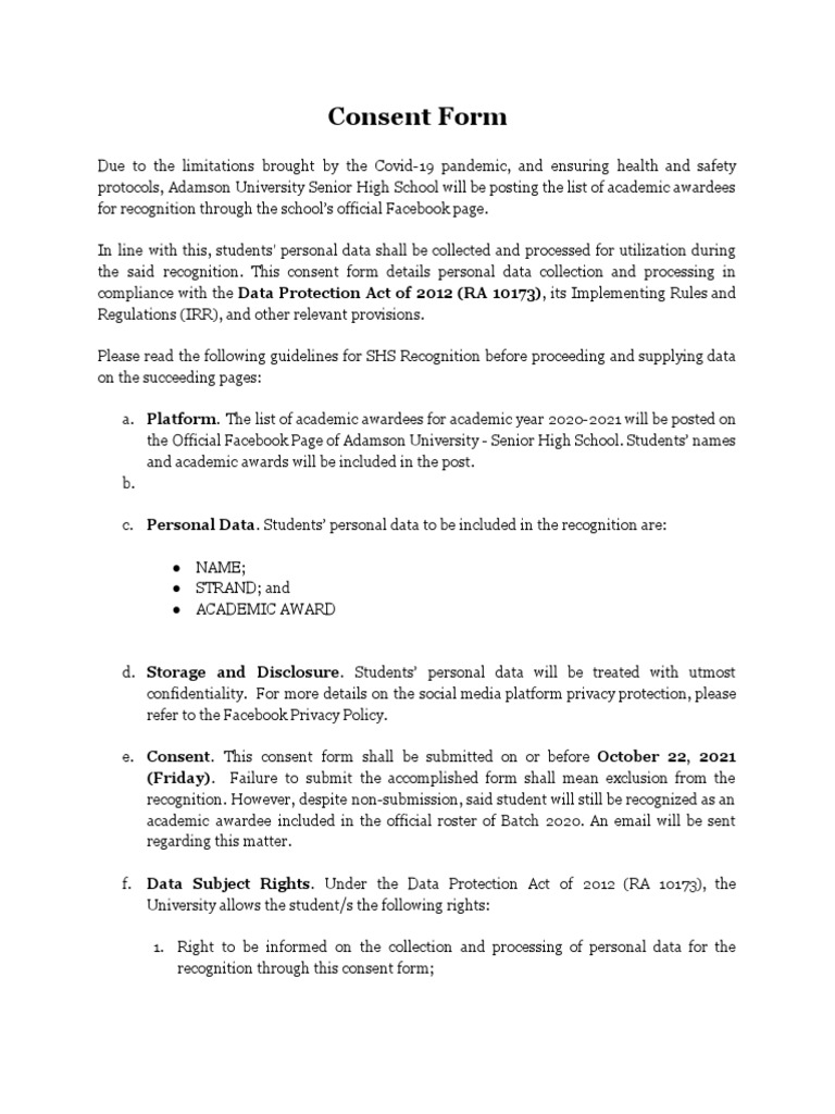 Adamson Consent Form for Data Processing | PDF | Information Privacy ...