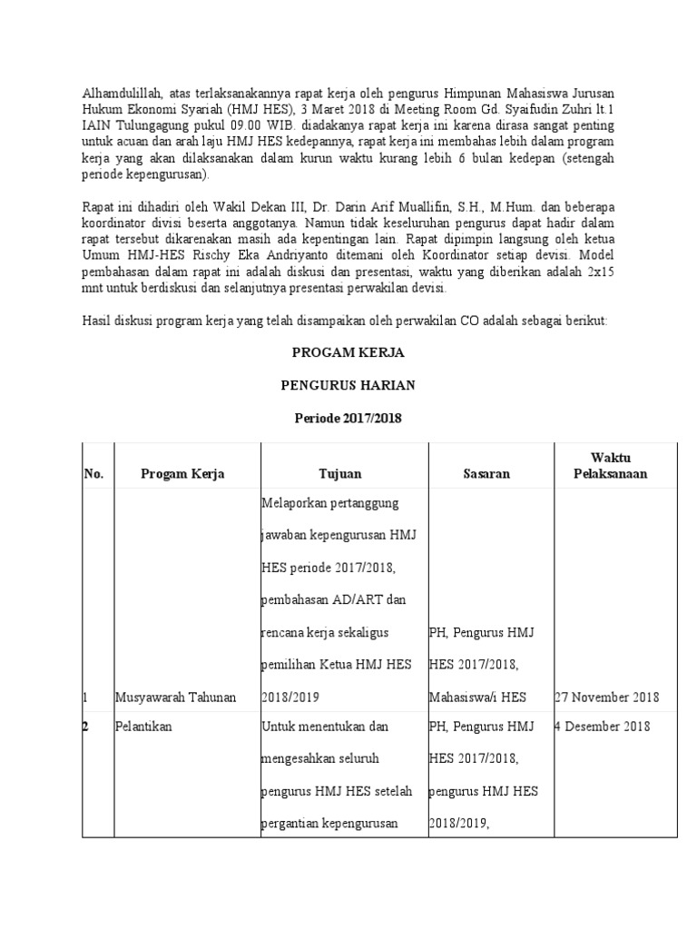 Laporan Rapat Kerja HMJ HES 2018 | PDF