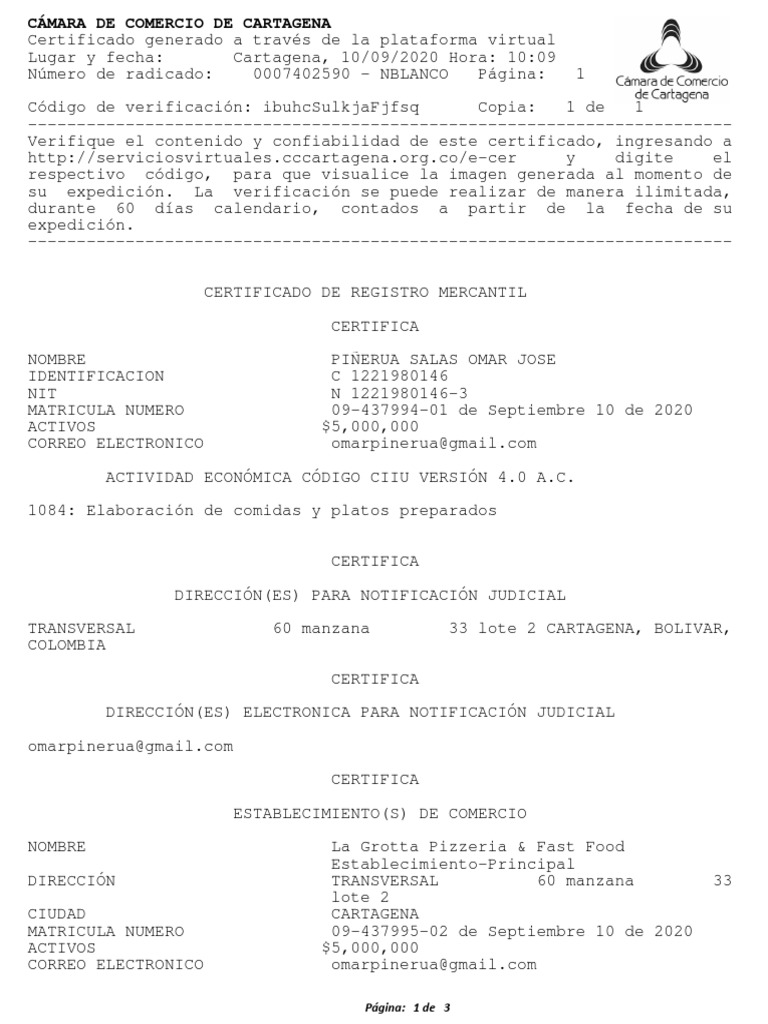 Certificado de Cámara de Comercio Cartagena | PDF
