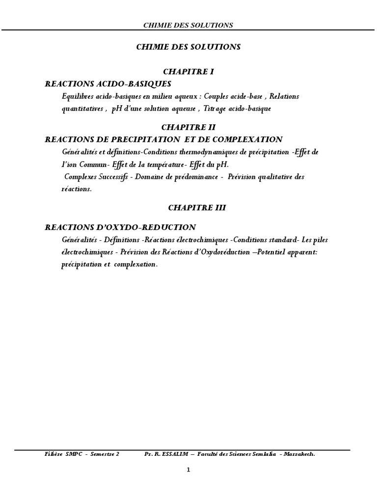 Résumé de la chimie des solutions | PDF | Ph | Dissociation (chimie)