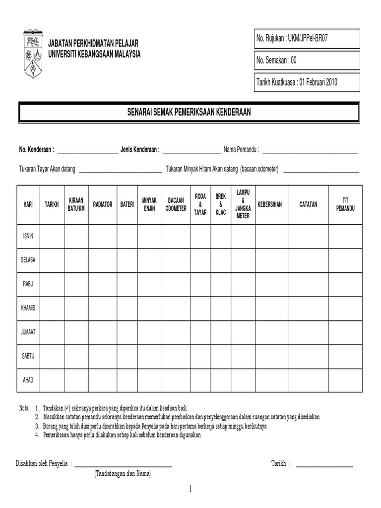 Senarai Semak Pemeriksaan Kenderaan | PDF
