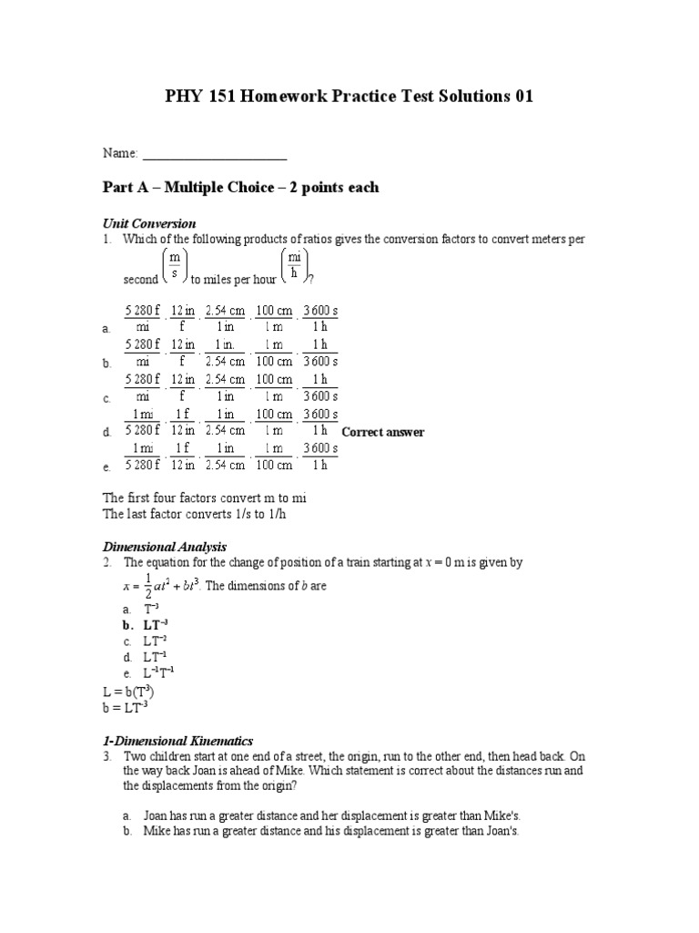 PHY 151 Homework Practice Test Solutions 01 | PDF | Kinematics ...