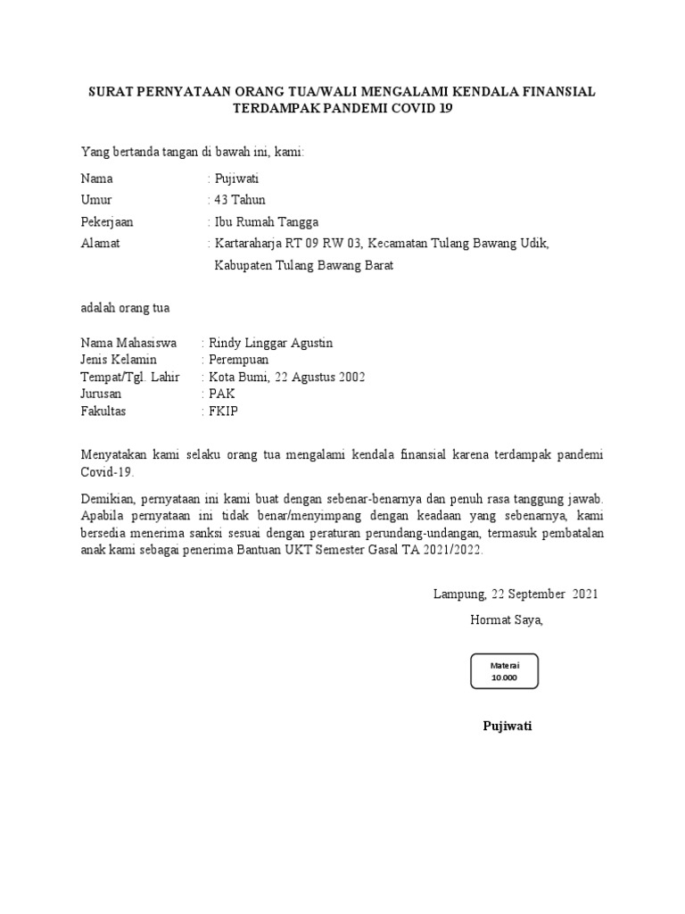Surat Pernyataan Kendala Finansial | PDF