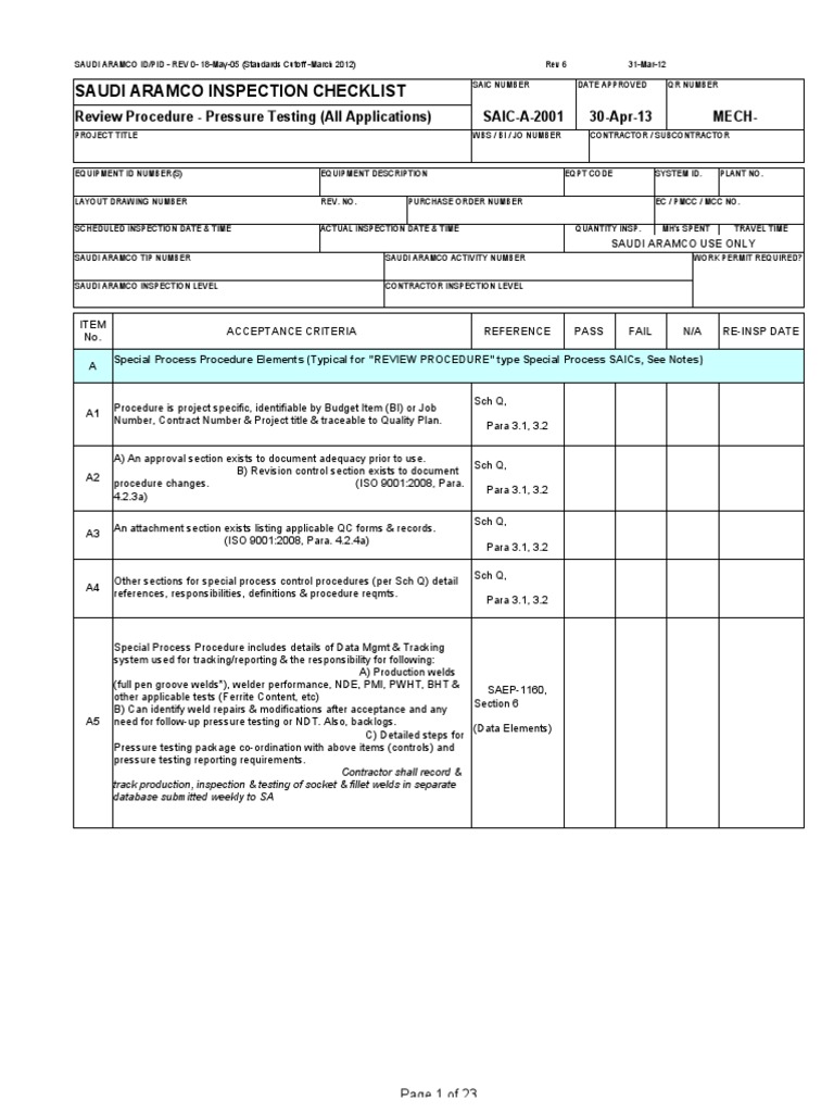 SAIC-A-2001 Rev 6 Review Procedure - Pressure Testing (All Applications ...