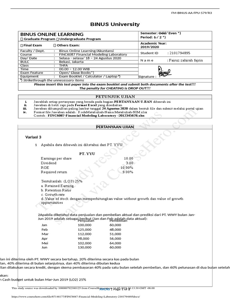 FINC6087 Financial Modeling Laboratory 2101794895 | PDF