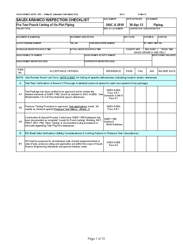 Saudi Aramco Inspection Checklist: Pre-Test Punch Listing of On-Plot ...