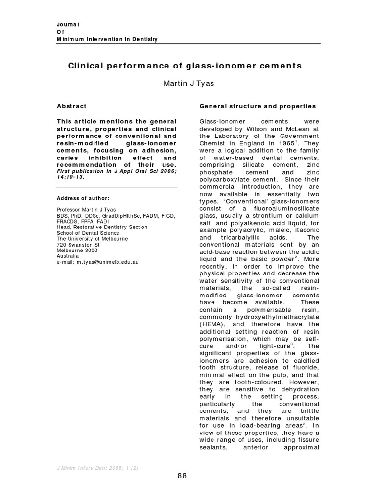 Clinical Performance of Glass Ionomer PDF Mouth Chemistry