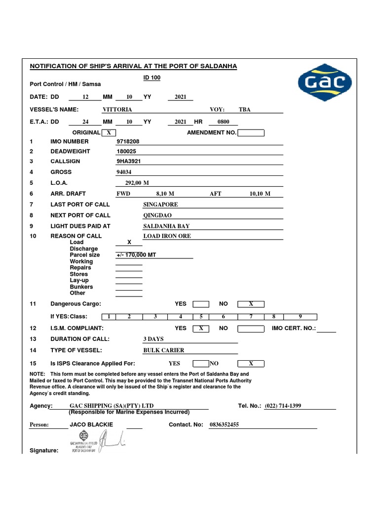 Notification of Ship'S Arrival at The Port of Saldanha | PDF