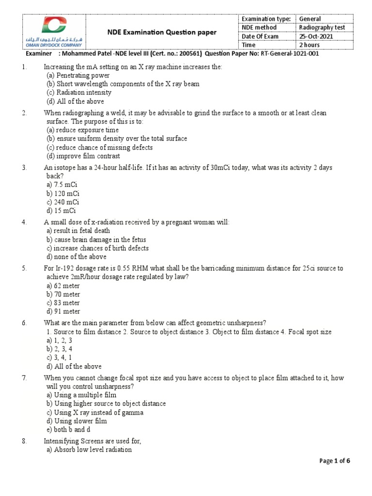 Radiography Test Question Paper Fundamentals of Radiography and
