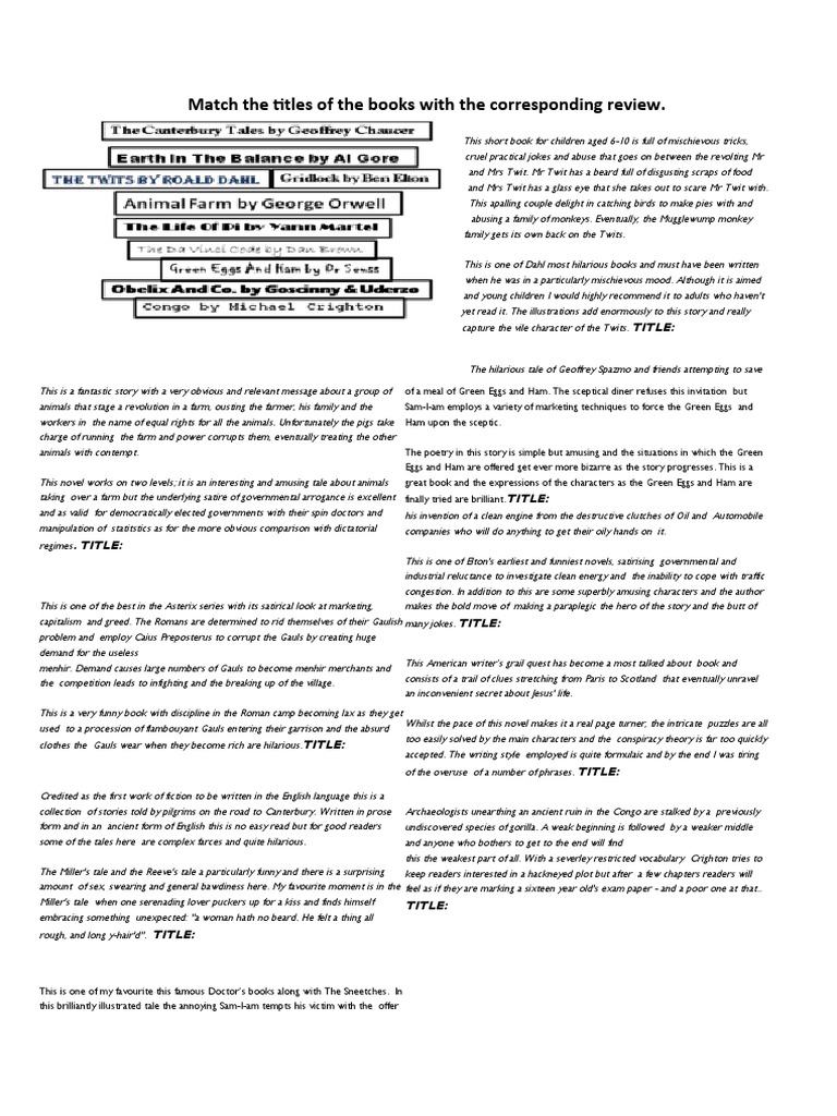 Match Book Reviews To Title PDF