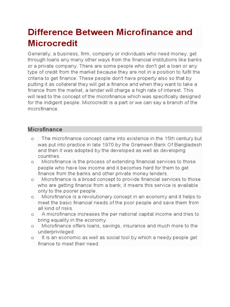 Difference Between Microfinance And Microcredit Pdf Microfinance