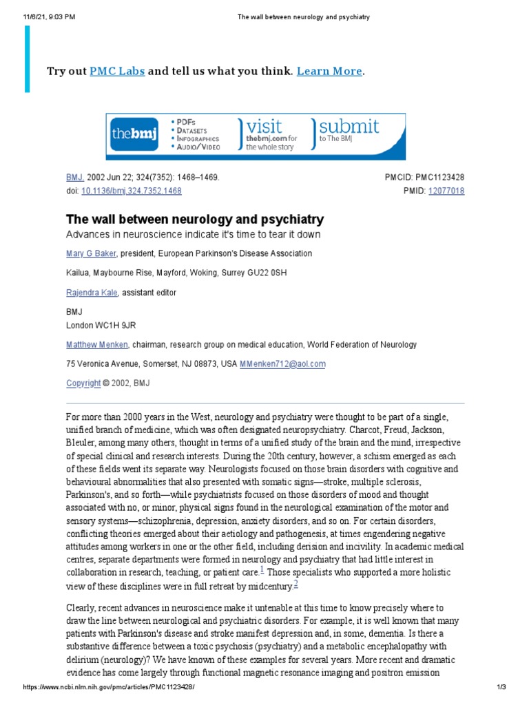 The Wall Between Neurology and Psychiatry PDF Neurology Psychiatry