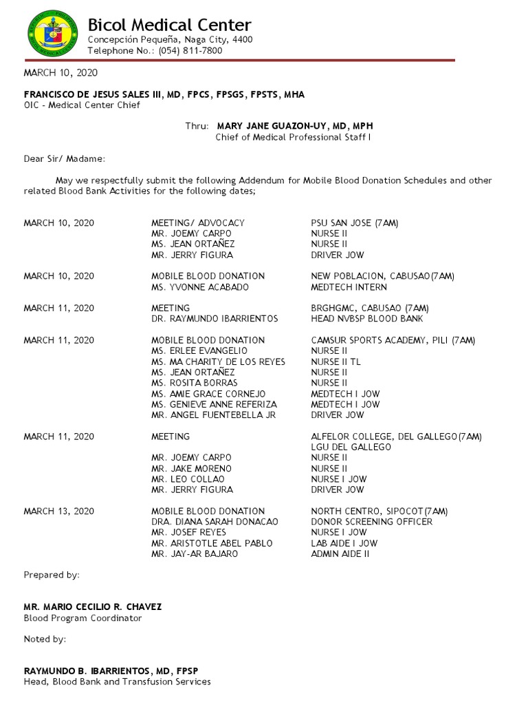 Mobile Blood Donation Schedules and Activities for Bicol Medical Center