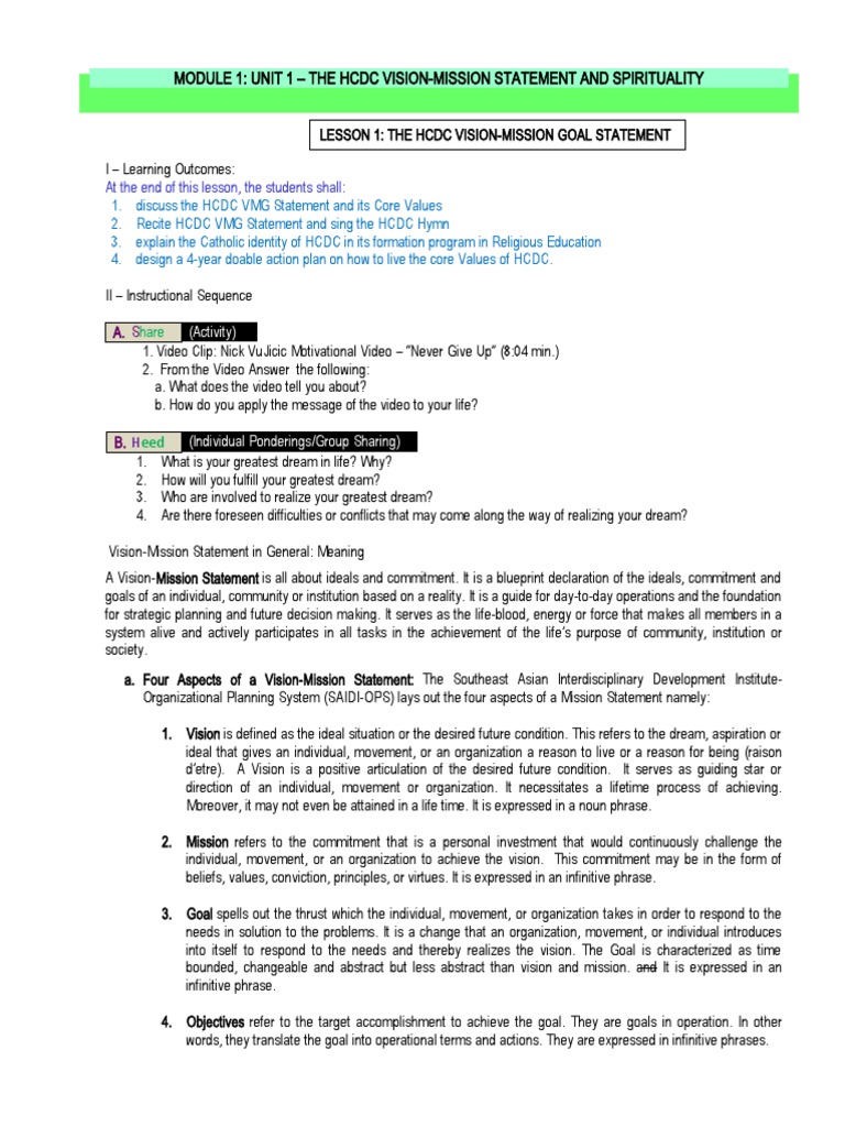 HCDC Vision-Mission Lesson Plan | PDF | Bible | Catholic Church