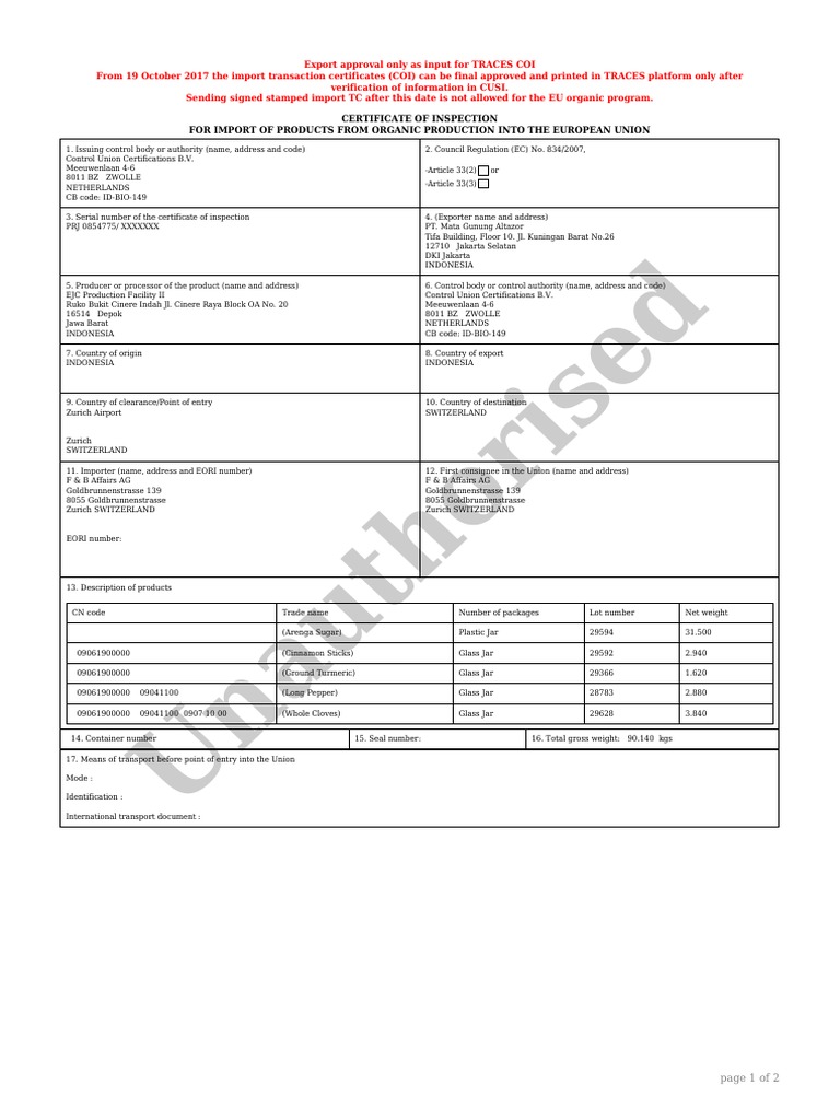 Unauthorised: Certificate of Inspection For Import of Products From ...