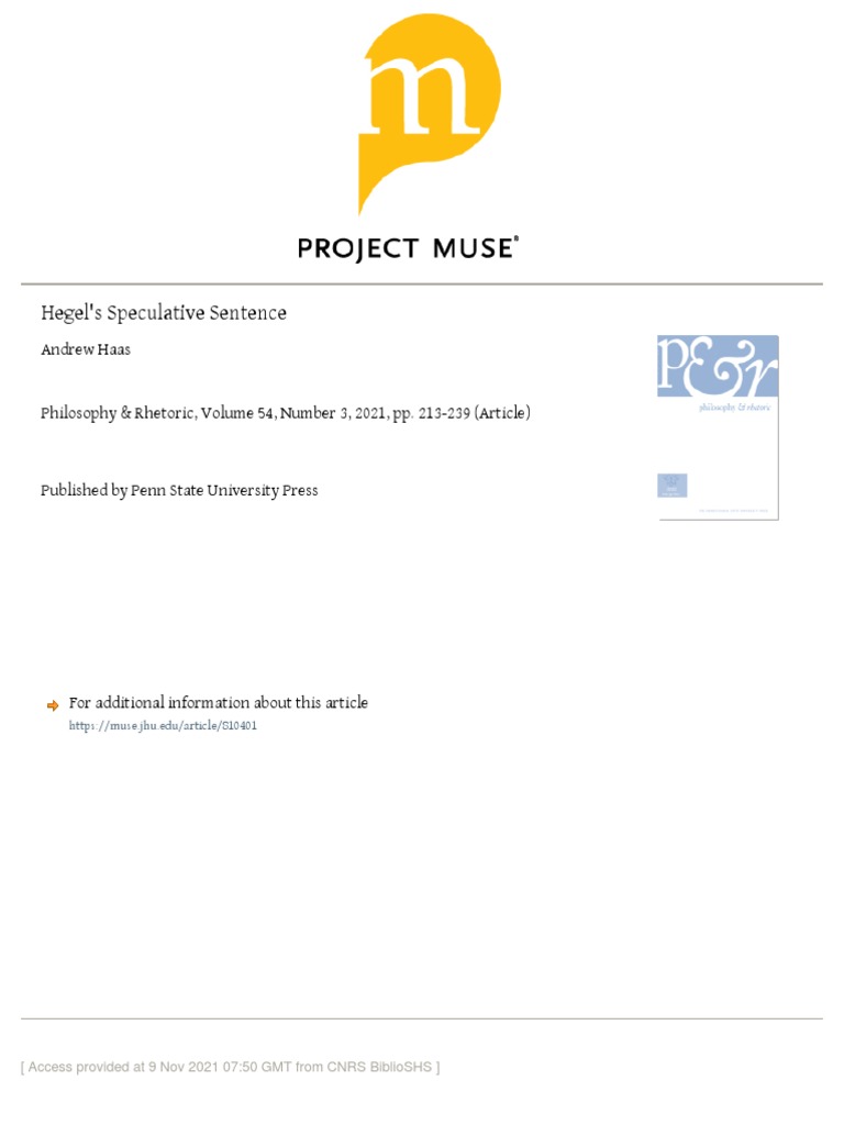 Hegel's Speculative Sentence Andrew Haas Philosophy & Rhetoric, Volume