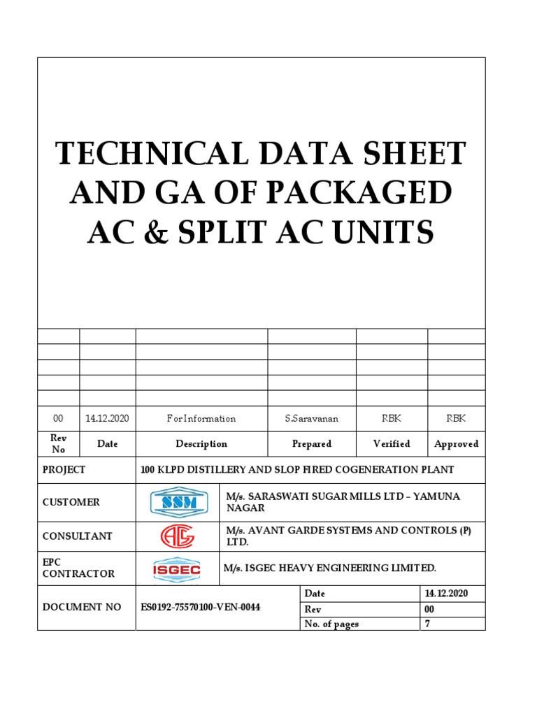 Technical Data Sheet and Ga of Packaged Ac & Split Ac Units: 00 14.12. ...